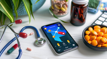 A mobile application for health management displayed on a smartphone amidst medication and healthcare tools on a white desk, showcasing technology in wellness.の素材