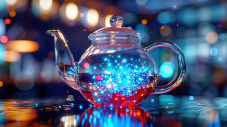 A captivating glass teapot filled with vibrant, glowing particles set against a softly lit bokeh background, perfect for adding warmth and charm.の素材
