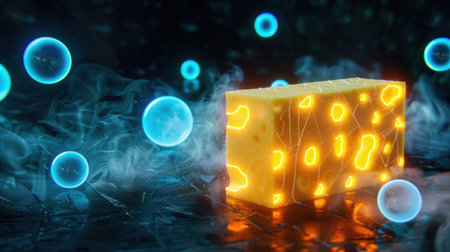 A visually striking image featuring a bright yellow cheese block illuminated with glowing patterns, surrounded by floating bubbles and soft smoke effects.の素材