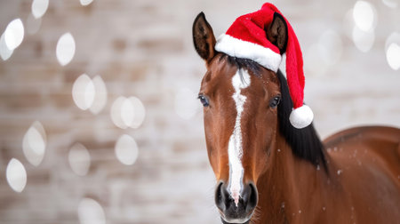 This charming portrait features a horse wearing a festive Santa hat, set against a soft bokeh background. Perfect for holiday and seasonal themes.の素材