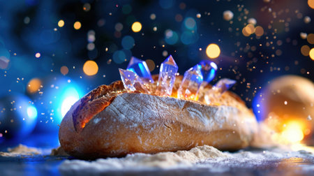 An eye-catching image of a loaf of artisan bread garnished with sparkling crystals, set against a captivating blue background. Perfect for culinary projects.の素材