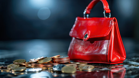 This striking image features a red handbag elegantly placed on a dark surface, surrounded by scattered coins, symbolizing wealth and stylish fashion.の素材