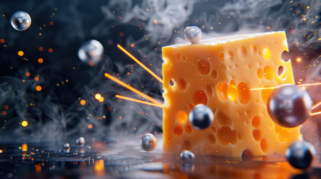 An imaginative 3D representation of yellow cheese amidst swirling smoke and floating bubbles. The scene captures vibrant dynamic lighting and textures, evoking culinary creativity.の素材