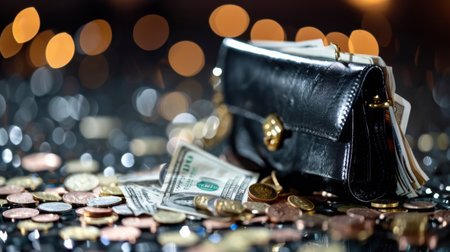 A stylish black leather wallet lays open on a shimmering surface, surrounded by an array of coins and dollar bills. Bokeh lights enhance the luxurious feel.の素材