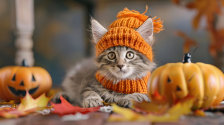 This charming gray kitten in an orange hat and sweater captures the essence of autumn, surrounded by pumpkins and vibrant leaves. Perfect for seasonal themes.の素材