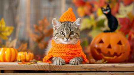 A charming gray kitten wearing a cozy orange sweater poses amidst autumn decorations and Halloween pumpkins, capturing a festive and playful spirit.の素材