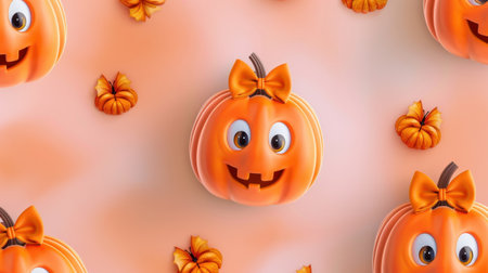 This vibrant image features cheerful pumpkins adorned with bows and expressive faces, perfect for conveying the playful spirit of Halloween festivities.の素材