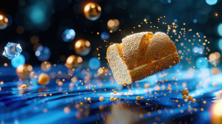 A stunning image of a floating loaf of bread surrounded by vibrant bubbles and sparkling particles, creating an enchanting and imaginative ambiance.の素材