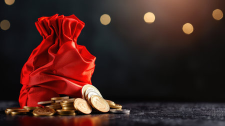 A vibrant red fabric bag filled with golden coins sits elegantly on a dark surface, enhanced by a beautiful bokeh effect, symbolizing wealth and prosperity.の素材