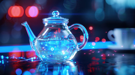 This striking image features a glass teapot illuminated by a glowing network, set against a vibrant bokeh background. A perfect blend of technology and elegance for modern kitchens.の素材