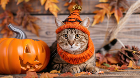 A charming tabby cat in an orange hat and sweater sits beside a carved pumpkin, surrounded by vibrant autumn leaves, creating a cozy Halloween vibe.の素材