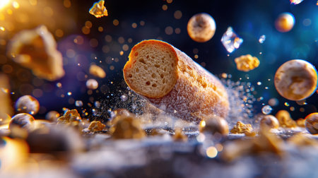 A dynamic image of a crispy bread stick bursting with flavor, surrounded by floating ingredients and sparkling particles, creating a captivating culinary scene.の素材