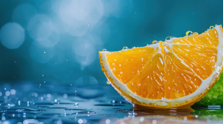 This captivating image features a fresh orange slice adorned with raindrops, set against a soothing blue background. Perfect for food and drink themes.の素材