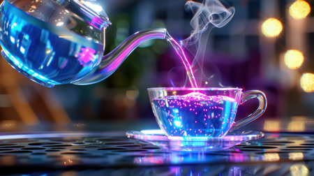 A mesmerizing scene featuring a teapot pouring a vibrant mixture into a clear teacup, surrounded by steam and colorful lights, perfect for cozy moments.の素材