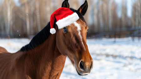 A playful horse dressed in a Santa hat stands against a snowy backdrop, embodying the joy and warmth of the Christmas season in a beautiful winter landscape.の素材