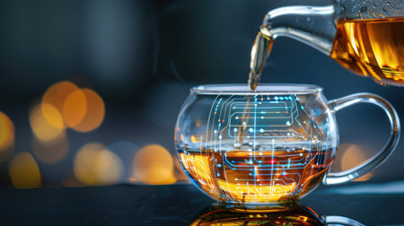 A captivating image of hot tea being poured into a stylish glass cup featuring a circuit pattern, set against a softly blurred bokeh background, embodying technology and relaxation.の素材