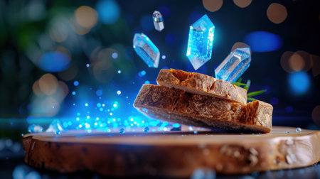 This captivating image features brown bread slices gracefully floating among sparkling blue crystals, creating an enchanting visual experience.の素材