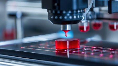Close-up image of precision laser technology at work showcasing a red material on a machine surface, highlighting modern industrial processes and innovation.の素材