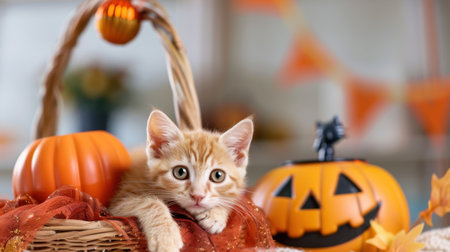 This charming image features an adorable orange kitten resting in a Halloween-themed basket, surrounded by colorful pumpkins and autumn decorations, creating a joyful and cozy atmosphere.の素材