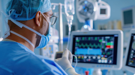 A dedicated medical professional closely monitors patient vital signs using advanced technology in a hospital setting, emphasizing modern healthcare practices.の素材