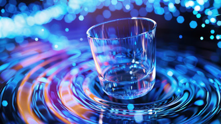 This stunning image captures a clear crystal glass resting on rippling blue water, surrounded by beautiful abstract light effects. Ideal for creative projects.の素材