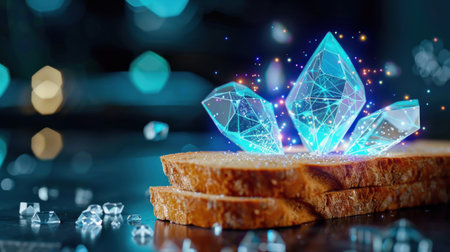 This stunning digital artwork showcases shimmering blue crystals levitating above slices of toast on a dark table. The bokeh effects and vibrant colors create a captivating scene that blends food and fantasy, perfect for modern visual projects.の素材