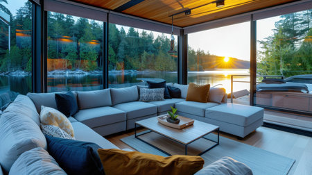 A modern living room featuring a cozy sofa and elegant decor, providing a breathtaking view of a tranquil lake at sunset, inviting relaxation and peace.の素材