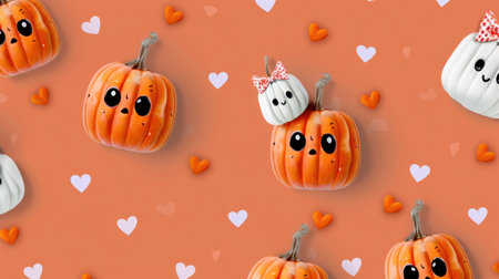 This charming Halloween-themed image features playful pumpkins with cute faces and colorful hearts on a warm orange background, perfect for festive projects.の素材