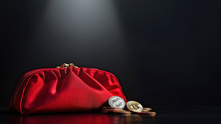 An elegant red purse rests against a dark backdrop, accompanied by golden and wooden coins, symbolizing financial themes and personal wealth.の素材