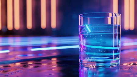 A visually striking glass of water filled with ice cubes sits on a bar counter illuminated by vibrant neon lights, creating a refreshing and modern ambiance.の素材