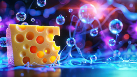 A vibrant block of cheese showcases rich yellow tones and textured details, accompanied by floating bubbles against an abstract backdrop of colorful lights.の素材