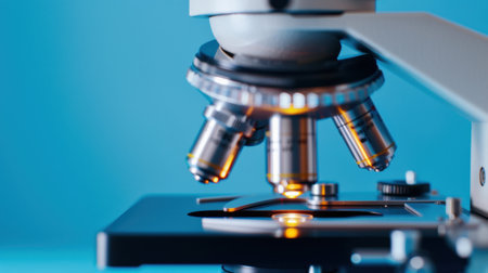 A detailed close-up of a laboratory microscope showcasing multiple lenses and a lit slide, set against a vibrant blue background, ideal for science and research themes.の素材