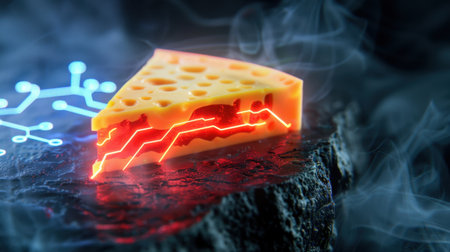 An artistic representation of a bright orange cheese slice illuminated with electric lines, set against a dark stone background with a smoky effect.の素材