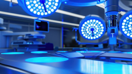 A detailed view of a modern surgical room showcasing advanced medical technology with blue lighting. The environment emphasizes precision and cleanliness for operations.の素材