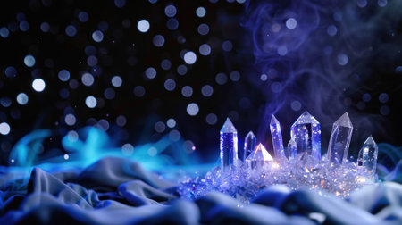 Captivating image of shimmering crystals surrounded by soft smoke and blue bokeh, creating an enchanting and mystical atmosphere perfect for artistic projects.の素材