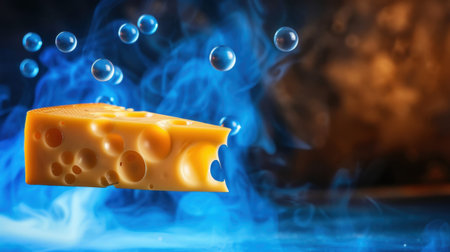 A captivating image of a yellow cheese block floating in mid-air, surrounded by bubbles and ethereal smoke, showcasing an artistic culinary concept filled with intrigue.の素材