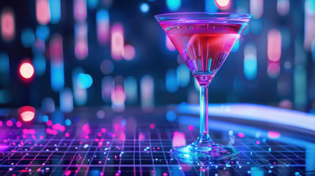 A stunning cocktail glass filled with a vibrant drink sits on a table, surrounded by a colorful bokeh backdrop, perfect for nightlife and celebration themes.の素材