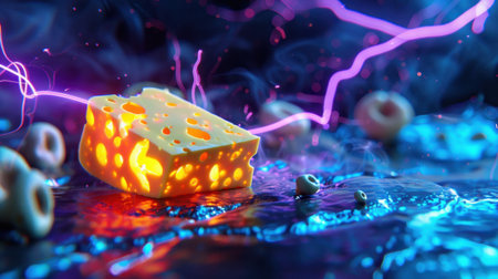 A striking visual of a glowing cheese slice illuminated by colorful lightning effects on a vibrant surface, showcasing creativity and imagination.の素材