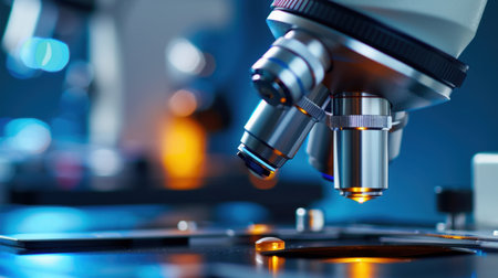 A detailed close-up of a microscope objective lens focusing on a glass slide with a droplet of fluid, representing intricate scientific research and exploration.の素材