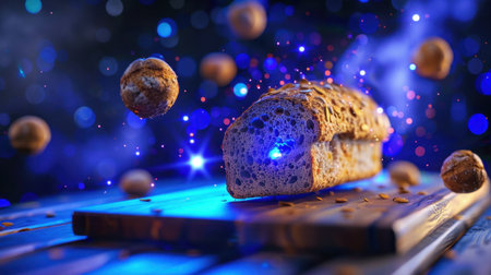 A visually striking image featuring a sliced loaf of artisan bread with floating ingredients, illuminated by vibrant blue light and sparkling effects.の素材