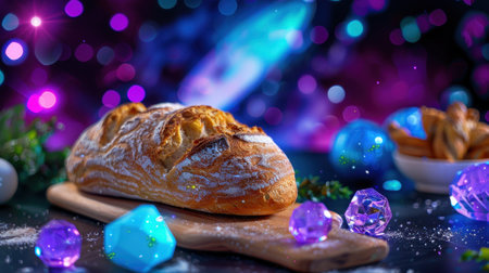 This image features a freshly baked artisan bread loaf artfully arranged on a wooden board, surrounded by colorful crystal decorations and a dreamy background effect.の素材
