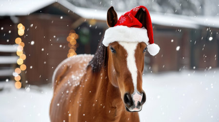 A charming horse adorned with a Santa hat stands in a snowy landscape, embodying the spirit of Christmas. Soft snowfall adds to the serene holiday atmosphere.の素材