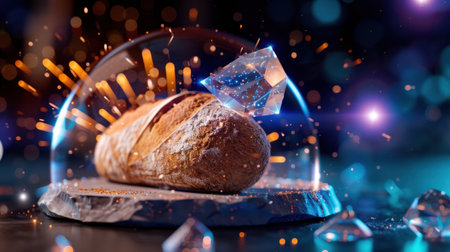 An imaginative portrayal of a rustic loaf of bread captured within a glass dome, surrounded by sparkling crystals and vibrant light bursts, creating a whimsical atmosphere.の素材