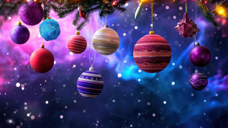 A mesmerizing display of colorful Christmas ornaments hanging from a tree, set against a dreamy space background filled with stars, creating a festive atmosphere.の素材