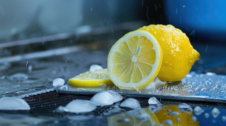 A vibrant lemon sits on a reflective surface with ice cubes, droplets of water, and slices nearby. This image captures freshness and natural beauty.の素材
