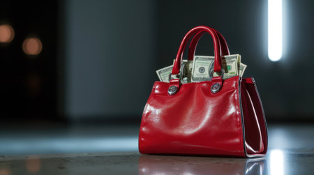 A vibrant red handbag stands out in a modern setting, with cash peeking from its interior, symbolizing luxury and contemporary fashion trends.の素材