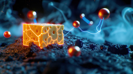 A captivating digital artwork featuring a luminous cheese block surrounded by swirling particles and vibrant energy flows, creating a surreal and innovative atmosphere.の素材