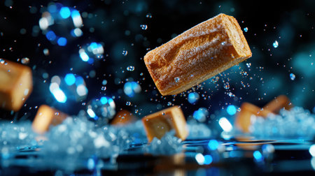 A captivating image of a golden snack suspended in mid-air, surrounded by vibrant water droplets and shimmering bokeh effects, creating a dynamic culinary scene.の素材