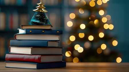 A charming stack of brightly colored books topped with a small Christmas tree ornament sits against a softly blurred holiday backdrop, creating a cozy festive atmosphere.の素材