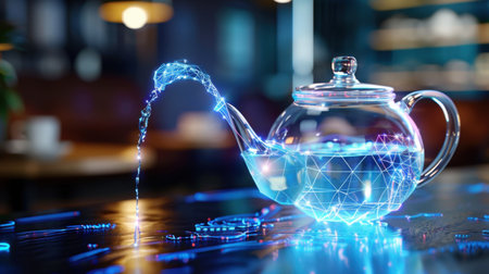 A striking futuristic teapot pouring luminescent water in a modern cafの素材
